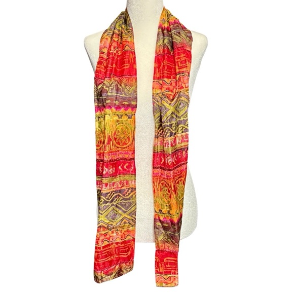 Chico’s Silk Bohemian Multicolored Beaded Ethnic Print Lightweight Scarf - Picture 2 of 6